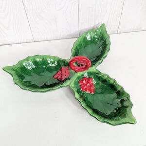 Martha Stewart Holiday Tray With Handle Green And Red Holly Candy Dish 3 Parts